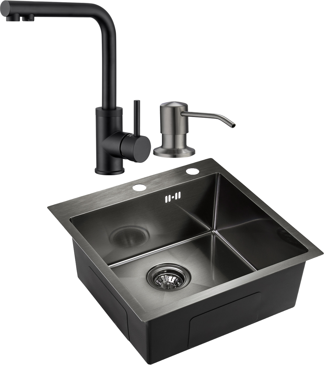 Комплект Мойка Domaci Равенна PVD DMB-117A черная + Смеситель DCB 7015 черный + Дозатор 401 черный