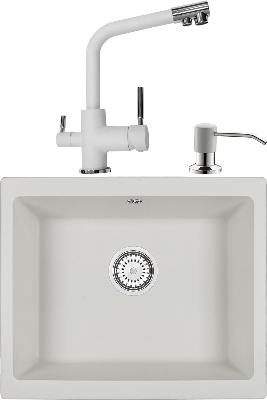 Комплект Мойка кухонная Domaci Солерно DMQ-1555.Р агат, 55х46 см, кварцевая, квадратная, белая, встраиваемая + Смеситель DC-3003 агат + Дозатор 401 агат