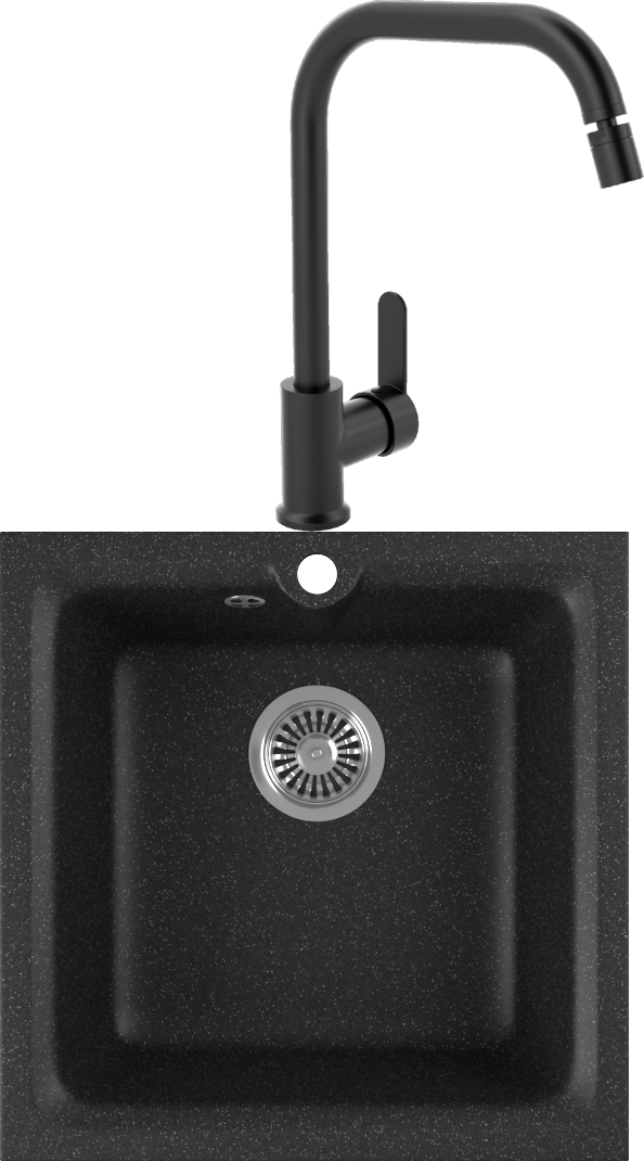 Комплект Мойка кухонная Domaci Бьелла DMC-06 черная, встраиваемая, накладная, искусственный мрамор, прямоугольная, российская + Смеситель для кухни MEGA City MG- ZRV104-B черный