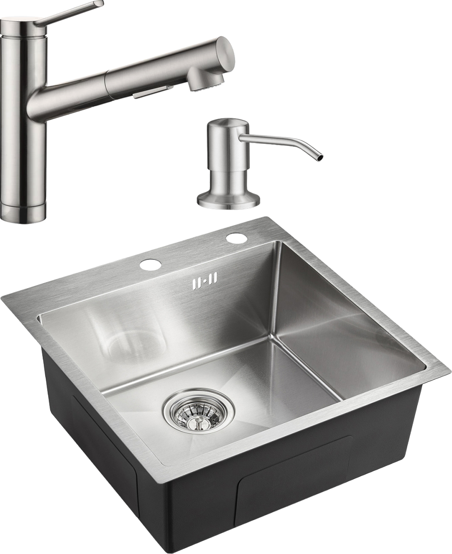 Комплект Мойка Domaci Равенна PVD DMB-117A брашированная сталь + Смеситель DC 3012 сатин + Дозатор 401 сатин