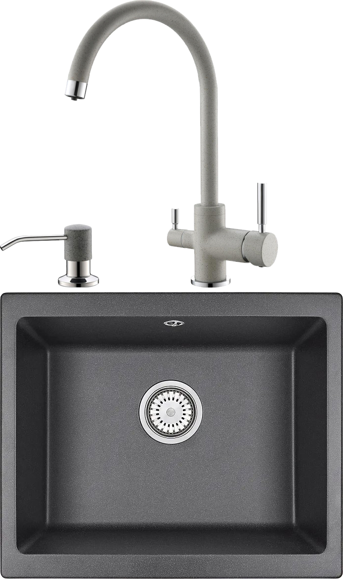 Комплект Мойка кухонная Domaci Солерно EMQ-1555.Р серая + Смеситель для кухни Domaci Солерно EC-3007 барит + Дозатор для кухонной мойки Domaci Солерно 401 барит