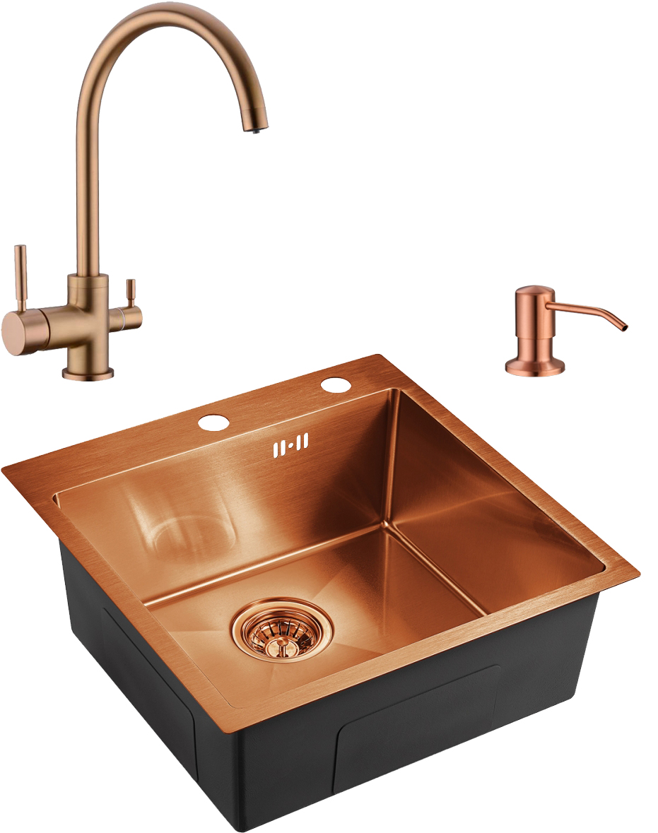 Комплект Мойка Domaci Равенна PVD DMB-117A медь + Дозатор 401 медь + Смеситель DCB 3007 медь
