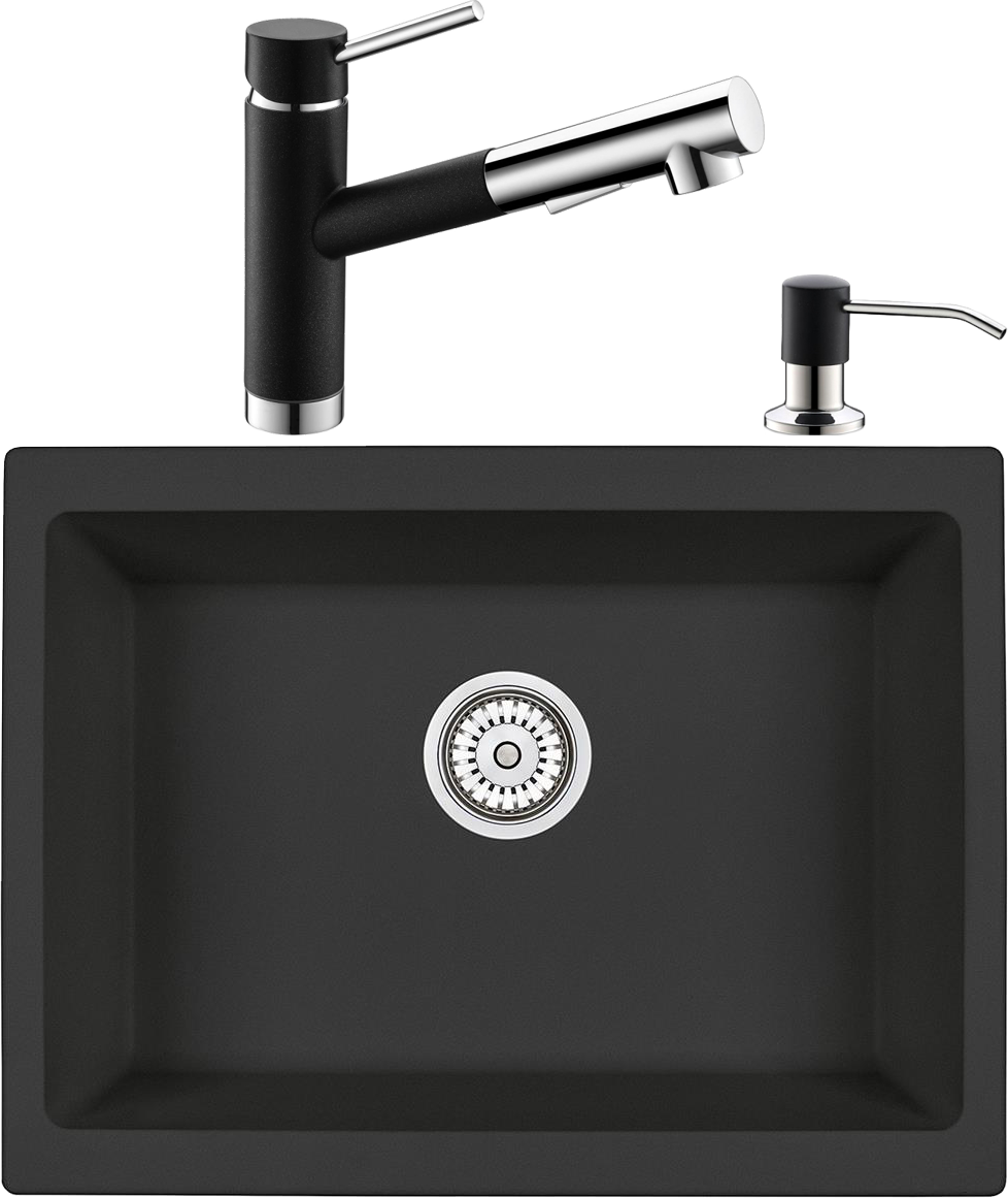 Комплект Мойка кухонная Domaci Солерно DMQ-1455.Р морион, черная, 46х46, квадратная, кварц, встраиваемая + Смеситель DC-3008 морион + Дозатор 401 морион