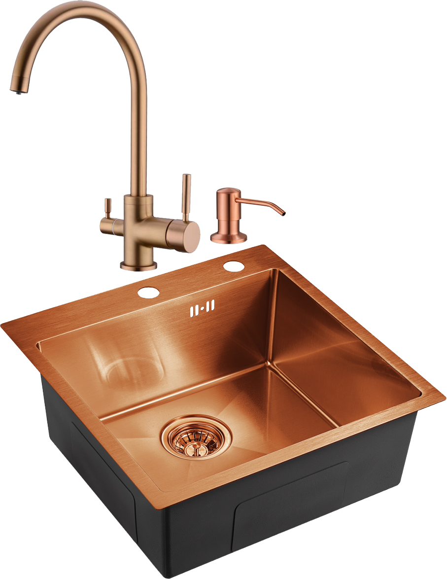 Комплект Мойка Domaci Равенна PVD DMB-117A медь + Смеситель DCB 3007 медь + Дозатор 401 медь