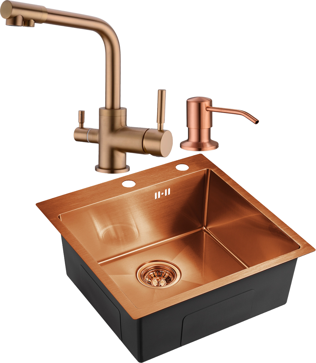 Комплект Мойка Domaci Равенна PVD DMB-117A медь + Смеситель DCB 3003N медь + Дозатор 401 медь