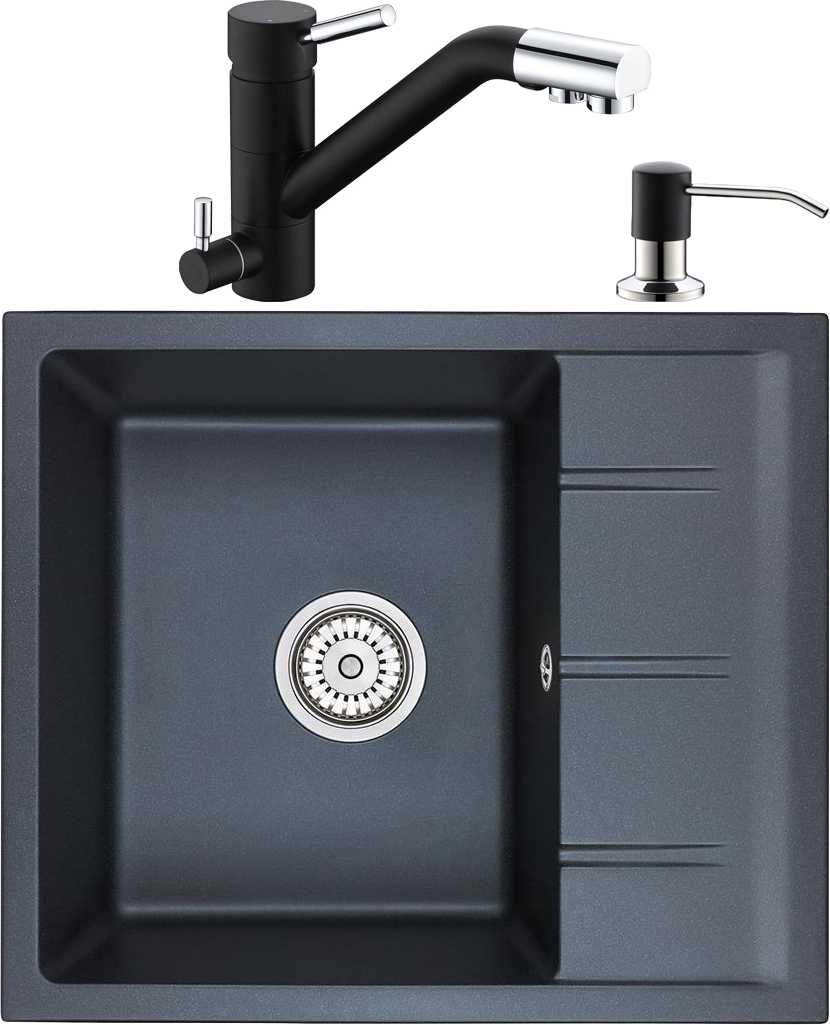 Комплект Мойка кухонная Domaci Солерно EMQ-1580.Q 58х50 см, черная, кварцевая, с крылом, встраиваемая сверху + Смеситель для кухни Domaci Солерно EC-3008 морион + Дозатор для кухонной мойки Domaci Солерно 401 морион