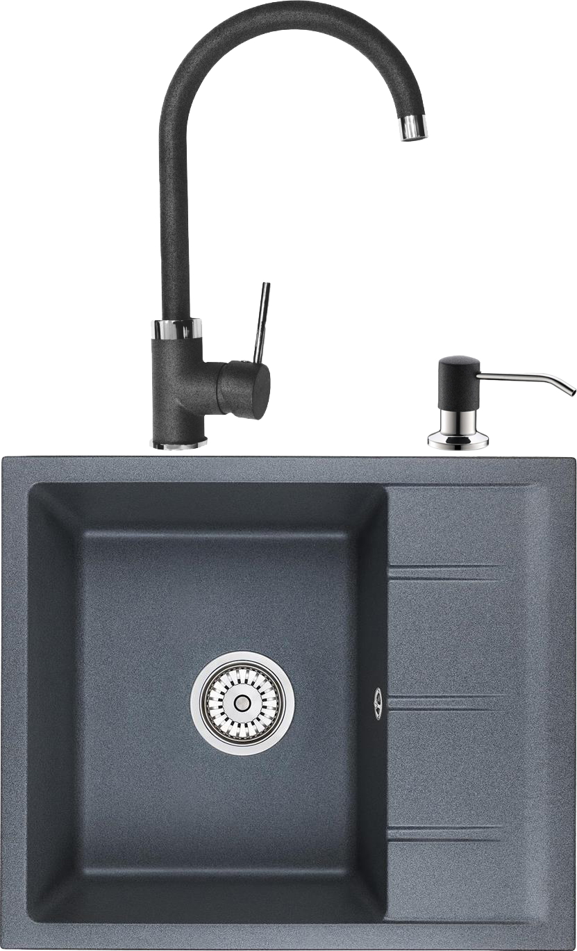Комплект Мойка кухонная Domaci Солерно DMQ-1580.Q антрацит, 36х46 см, с крылом, кварцевая, прямоугольная, встраиваемая + Смеситель DC-3004 антрацит + Дозатор 401 антрацит