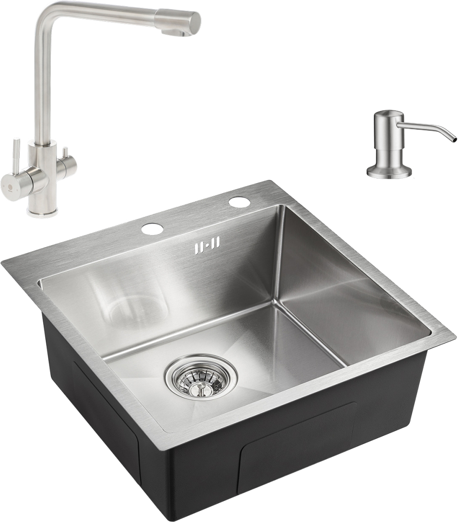 Комплект Мойка кухонная Domaci Равенна PVD EMB-117A брашированная сталь + Дозатор Domaci Равенна 401 сатин + Смеситель для кухни Domaci Равенна TR-01