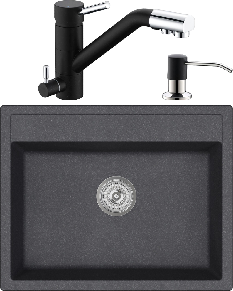 Комплект Мойка кухонная Domaci Солерно DMQ-1640.Q морион, черная, 58х38 см, прямоугольная, встраиваемая, кварцевая + Смеситель DC-3008 морион + Дозатор 401 морион