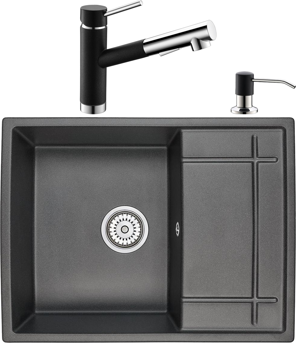 Комплект Мойка кухонная Domaci Солерно EMQ-1650.Q 65х50 см, кварцевая, встраиваемая, черная, прямоугольная, с крылом + Смеситель для кухни Domaci Солерно EC-3012 морион + Дозатор для кухонной мойки Domaci Солерно 401 морион