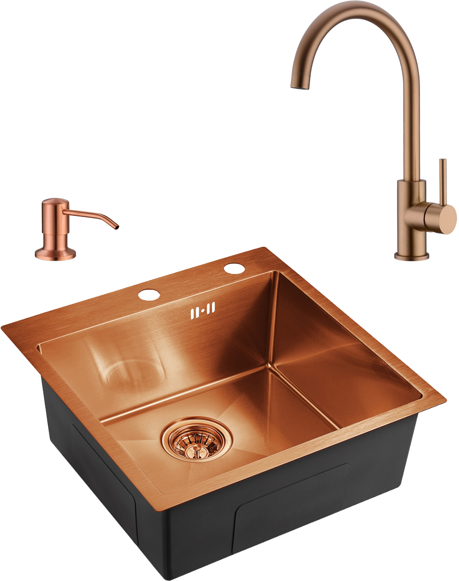 Комплект Мойка Domaci Равенна PVD DMB-117A медь + Дозатор 401 медь + Смеситель DCB 3004 медь