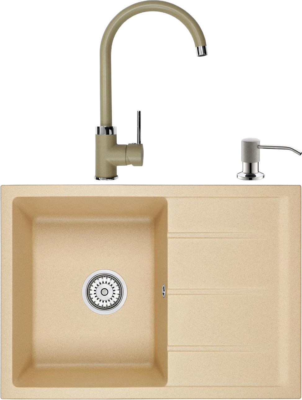 Комплект Мойка кухонная Domaci Солерно EMQ-1700.Q бежевая + Смеситель для кухни Domaci Солерно EC-3004 сардоникс + Дозатор для кухонной мойки Domaci Солерно 401 сардоникс