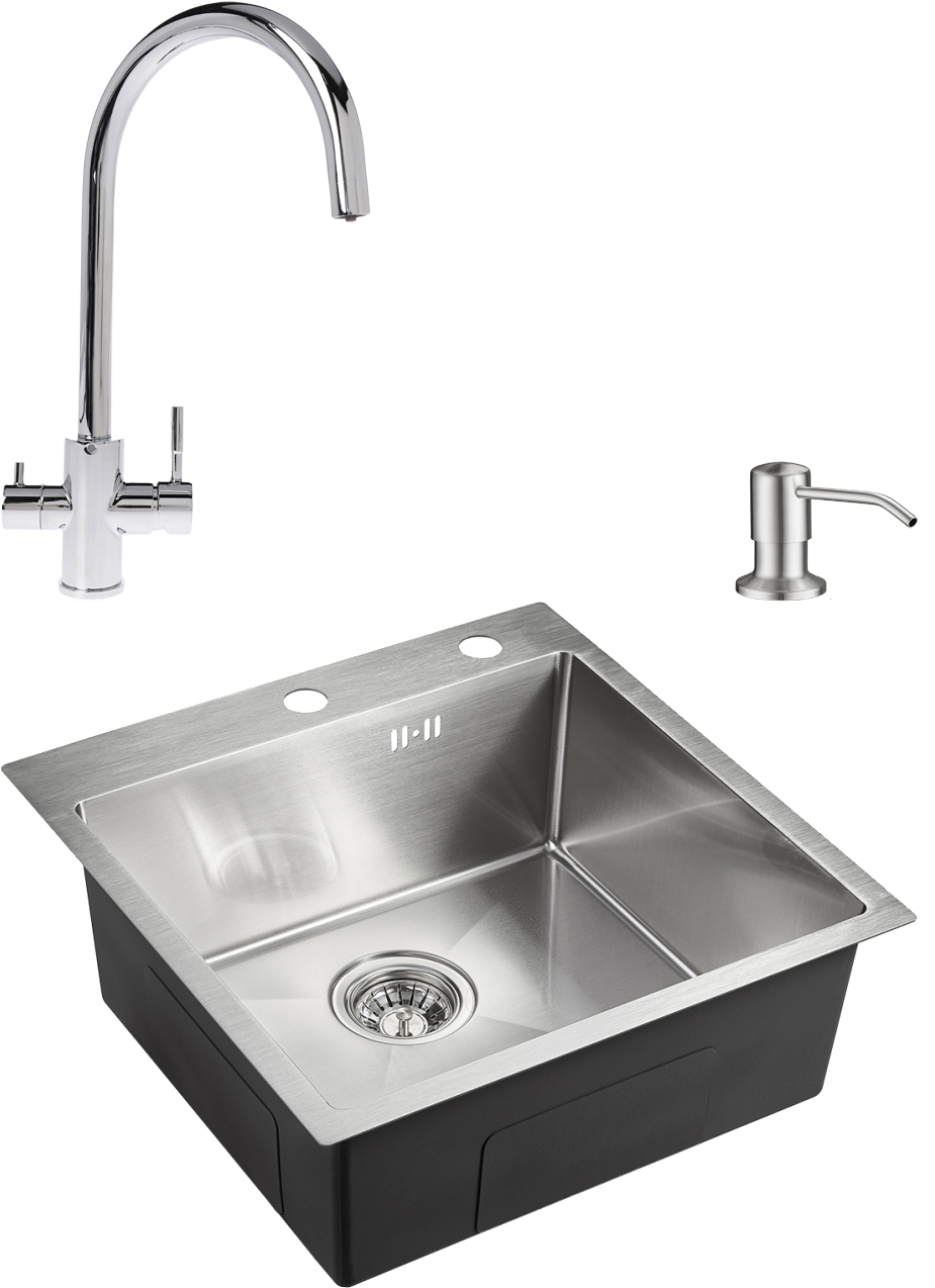 Комплект Мойка Domaci Равенна PVD DMB-117A брашированная сталь + Дозатор 401 сатин + Смеситель OL-02Sx