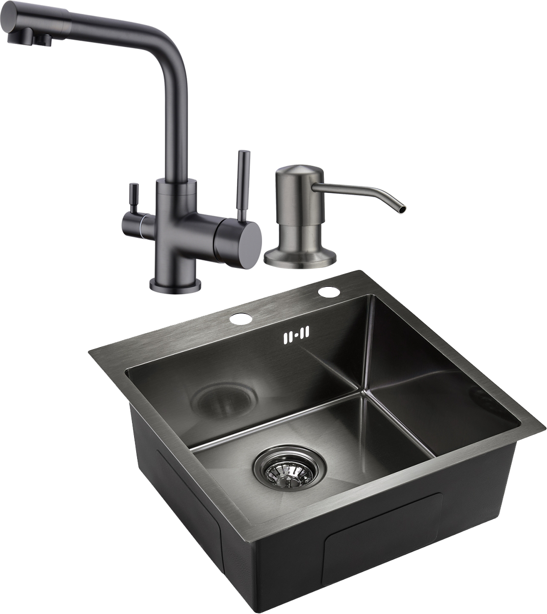 Комплект Мойка Domaci Равенна PVD DMB-117A черная, металлическая, квадратная, встраиваемая, российская + Смеситель DCB 3003N черный + Дозатор 401 черный