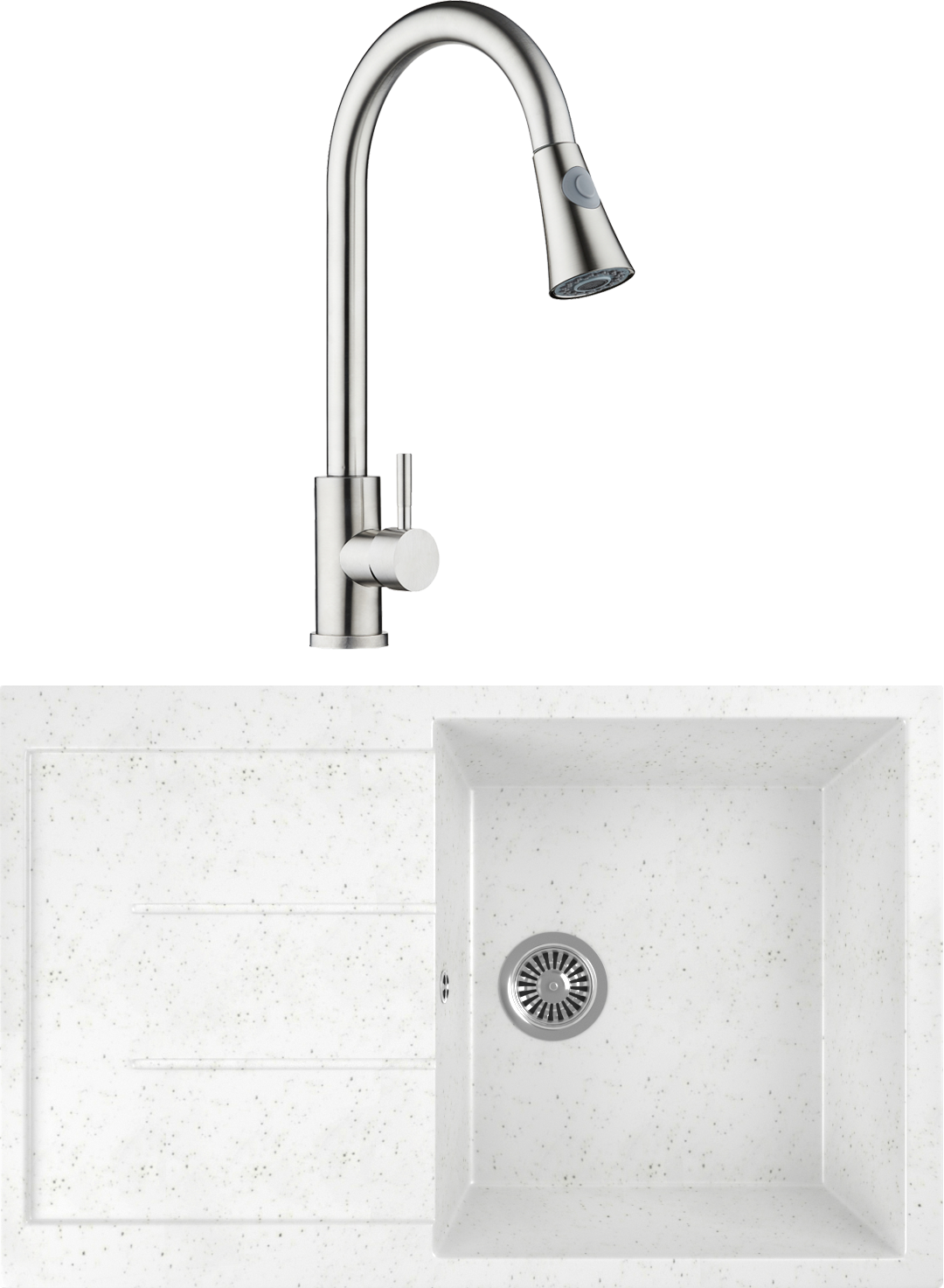 Комплект Мойка Domaci Бьелла DMC-25 белая + Смеситель Равенна D99-120st