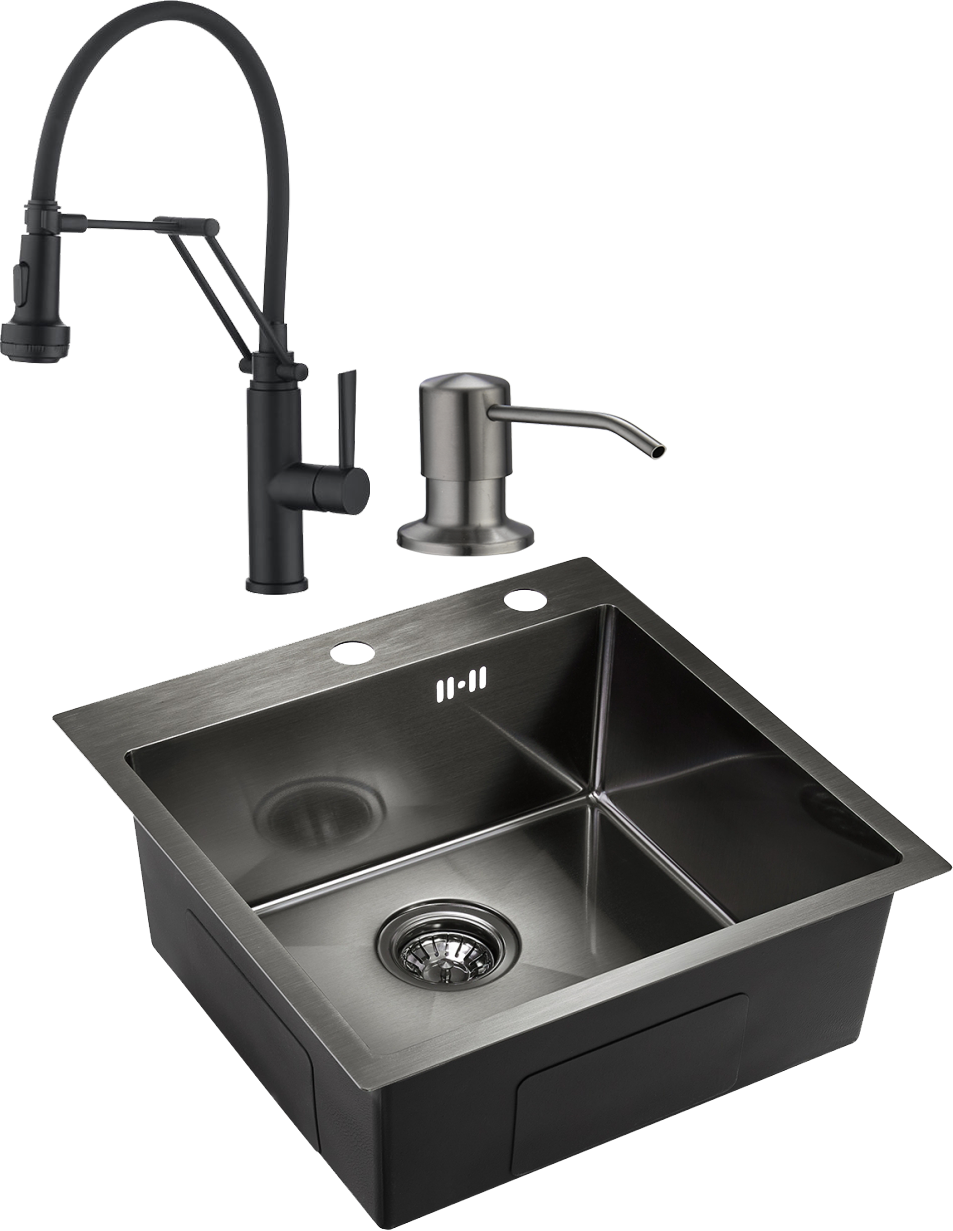 Комплект Мойка Domaci Равенна PVD DMB-117A черная, металлическая, квадратная, встраиваемая, российская + Смеситель DCB 7012 черный, с гибким изливом + Дозатор 401 черный