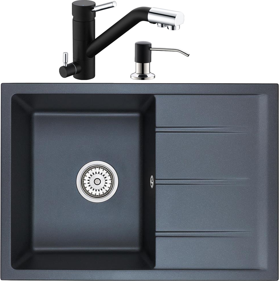 Комплект Мойка кухонная Domaci Солерно EMQ-1700.Q 70х50 см, черная, кварцевая, с крылом, российские + Смеситель для кухни Domaci Солерно EC-3008 морион + Дозатор для кухонной мойки Domaci Солерно 401 морион
