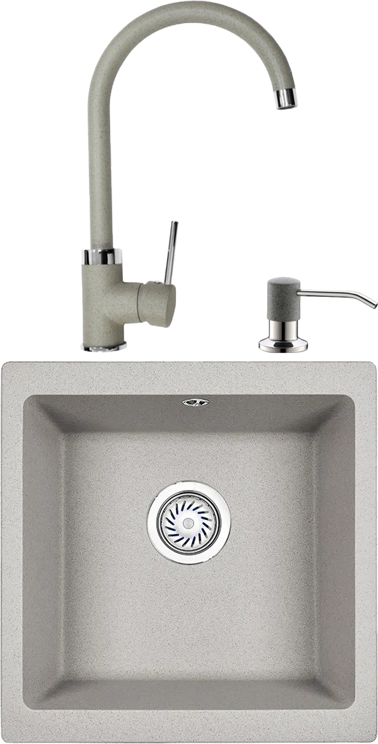 Комплект Мойка Domaci Солерно DMQ-1455.Р барит, 45х46 см, квадратная, накладная, кварцевая, серая + Смеситель DC-3004 барит + Дозатор 401 барит