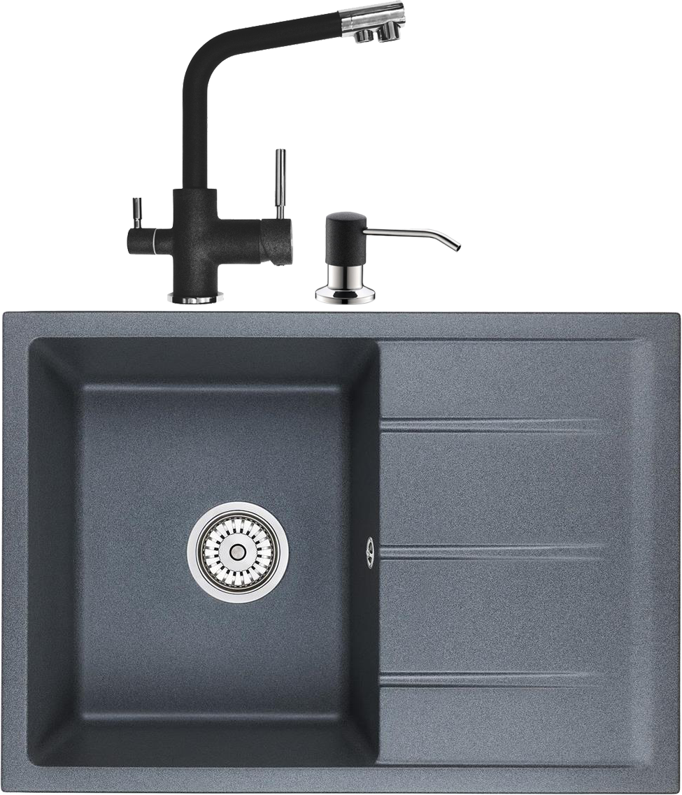 Комплект Мойка кухонная Domaci Солерно EMQ-1700.Q антрацит, 38х46, кварцевая, с крылом, встраиваемая, черная + Смеситель для кухни Domaci Солерно EC-3003 антрацит + Дозатор для кухонной мойки Domaci Солерно 401 антрацит