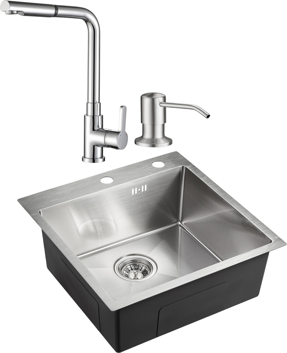 Комплект Мойка Domaci Равенна PVD DMB-117A брашированная сталь + Смеситель DC 3010 сатин + Дозатор 401 сатин