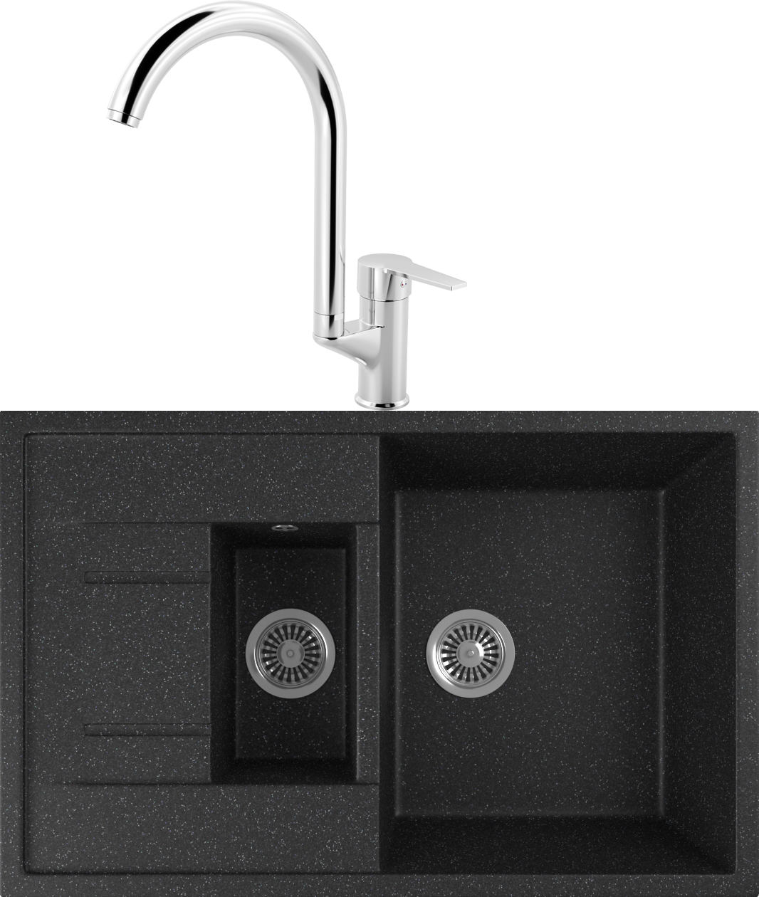 Комплект Мойка кухонная Domaci Бьелла DMC-21K черная + Смеситель для кухни MEGA Snow MG-SH03 хром