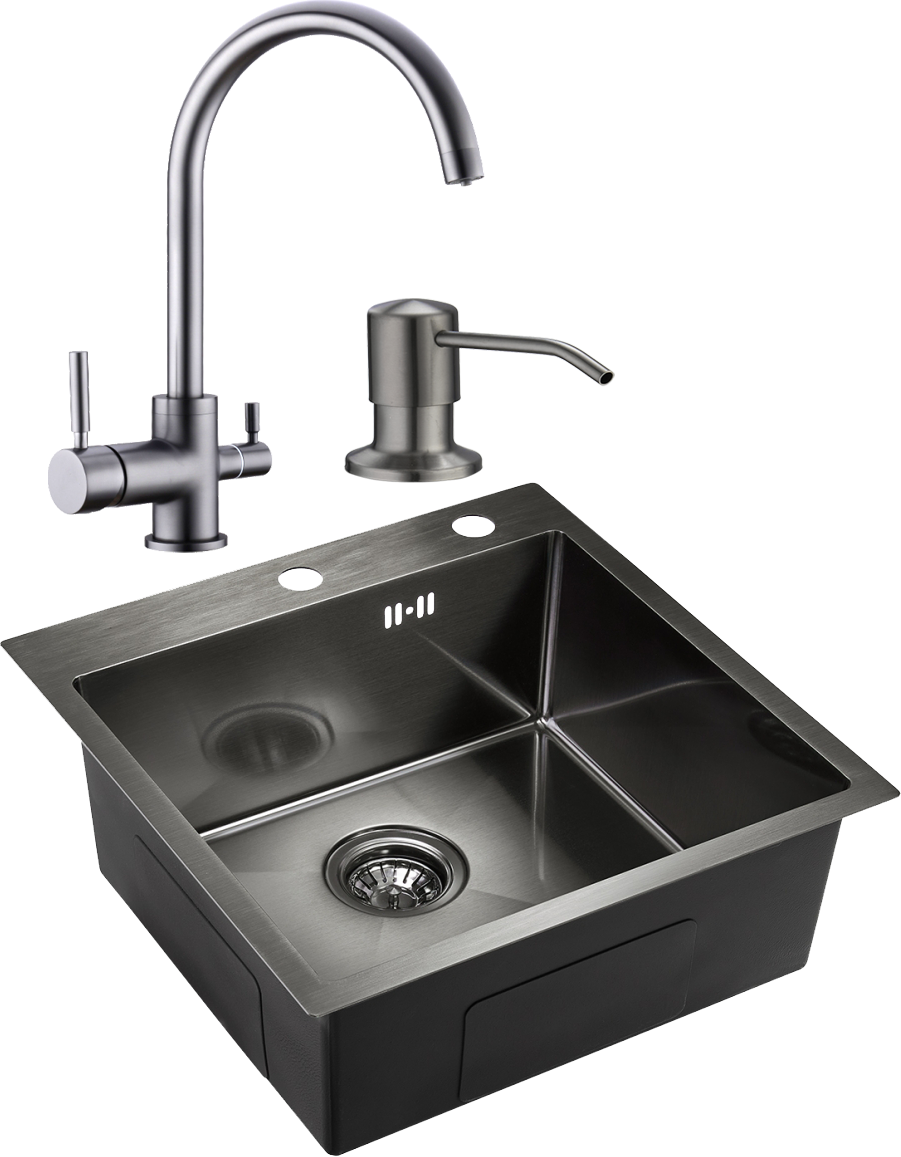 Комплект Мойка Domaci Равенна PVD DMB-117A черная + Смеситель DCB 3007 черный металлик + Дозатор 401 черный