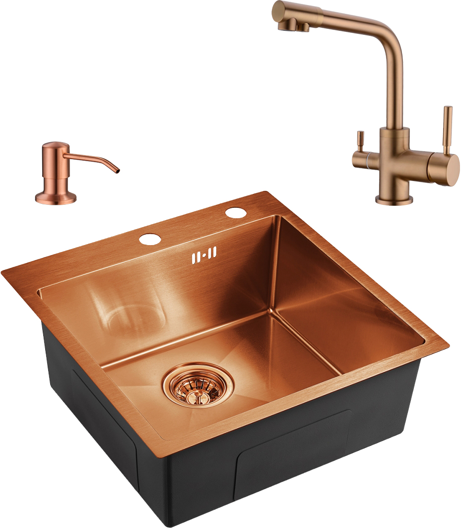Комплект Мойка Domaci Равенна PVD DMB-117A медь + Дозатор 401 медь + Смеситель DCB 3003N медь
