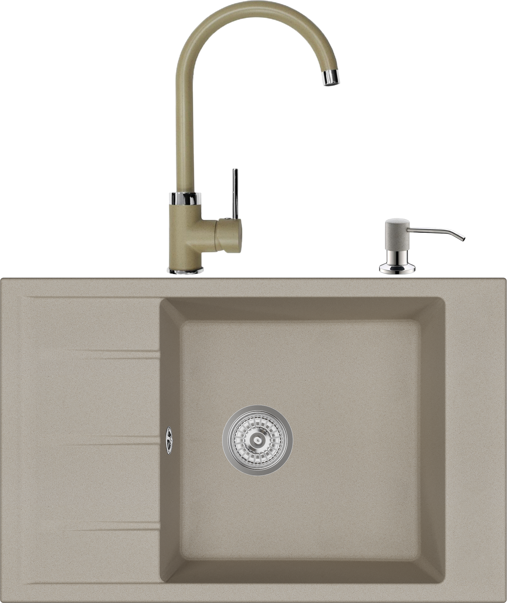 Комплект Мойка кухонная Domaci Солерно DMQ-1780.Q сардоникс, 78х50 см, бежевая, кварцевая, встраиваемая, с крылом + Смеситель DC-3004 сардоникс + Дозатор 401 сардоникс