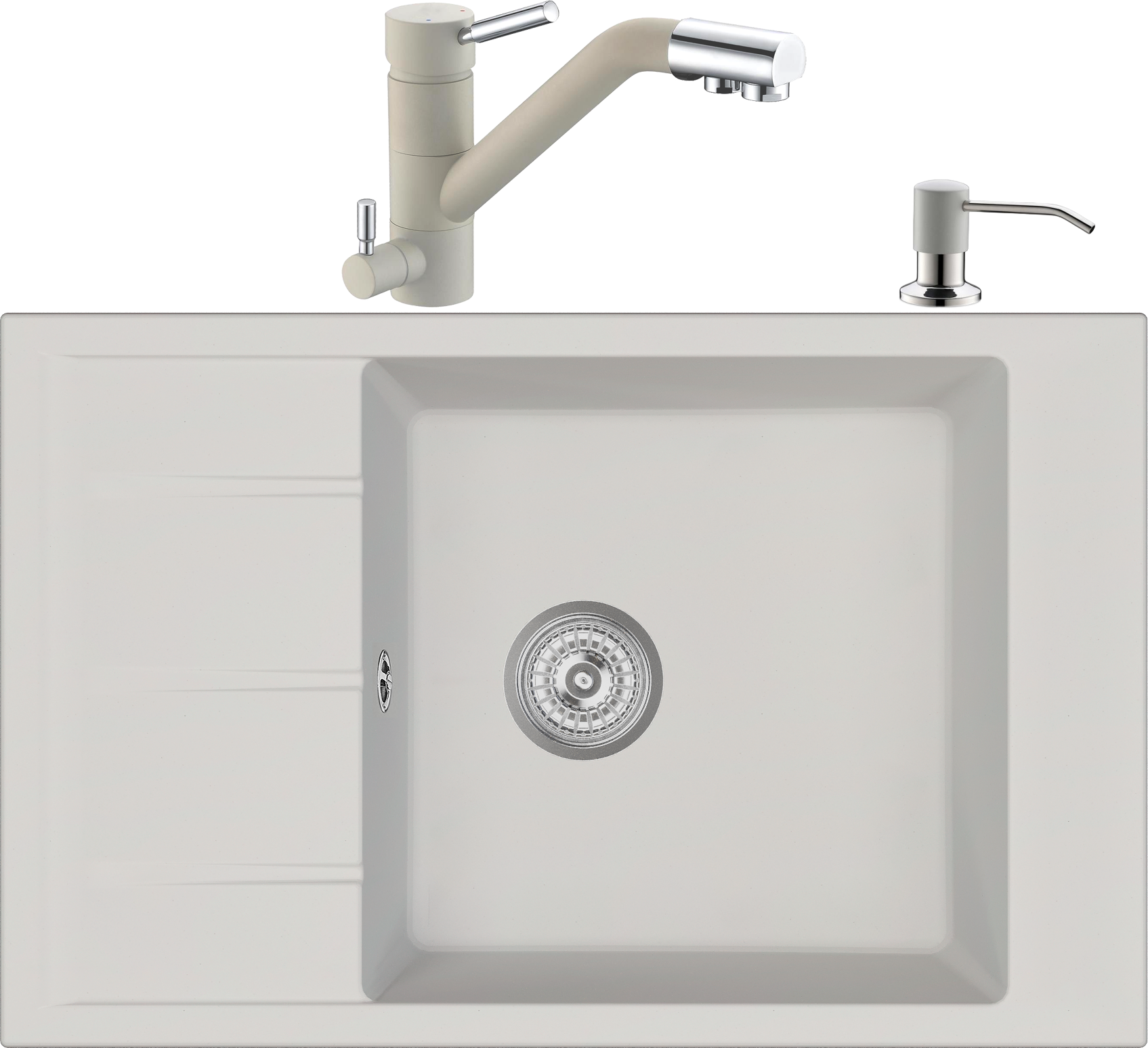 Комплект Мойка кухонная Domaci Солерно DMQ-1780.Q агат, 78х50 см, белая, кварцевая, с крылом, прямоугольная + Смеситель DC-3008 агат