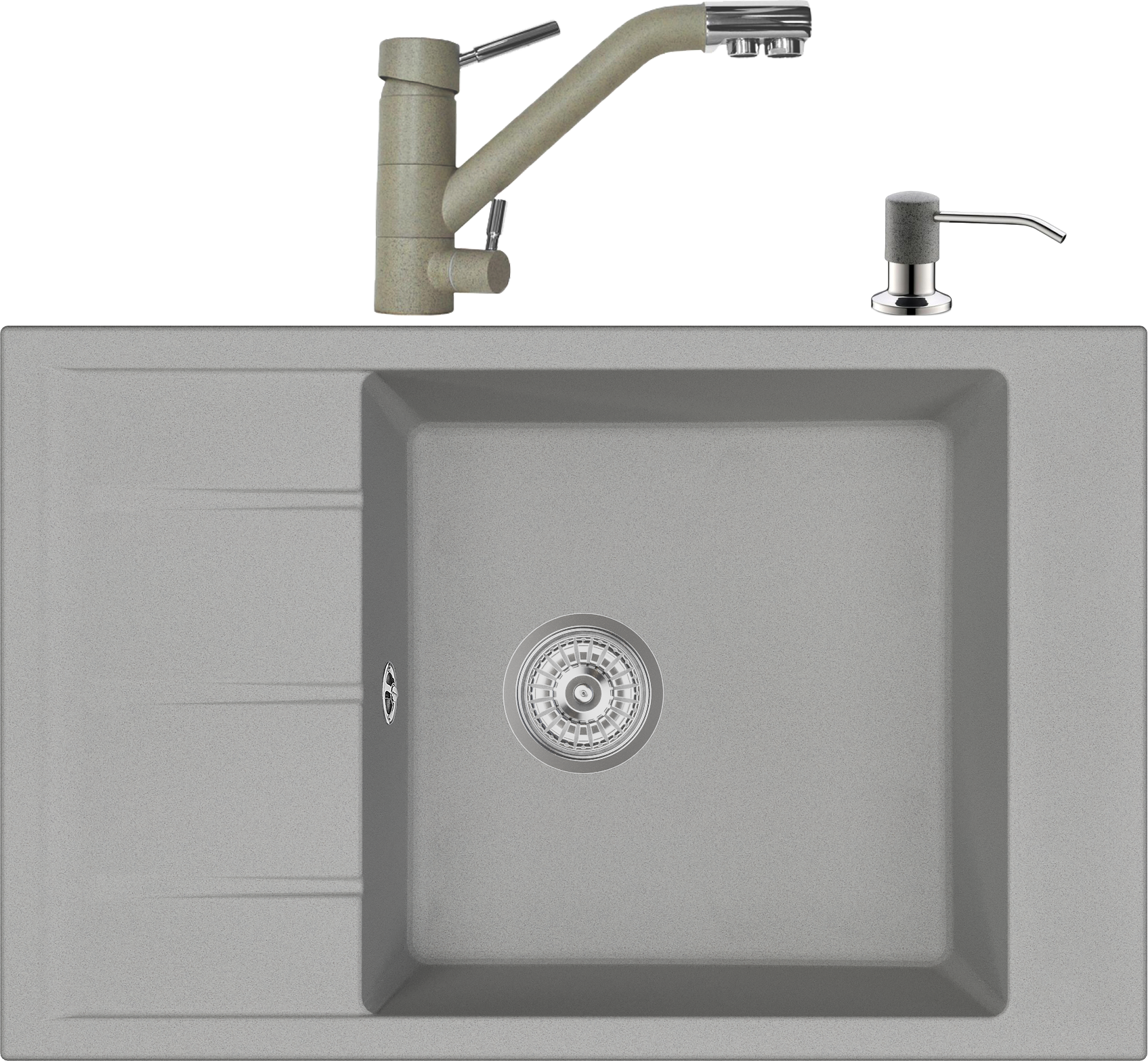 Комплект Мойка Domaci Солерно DMQ-1780.Q барит, 80х50 см, серая, кварцевая, встраиваемая, с крылом + Смеситель DC-3008 барит + Дозатор 401 барит