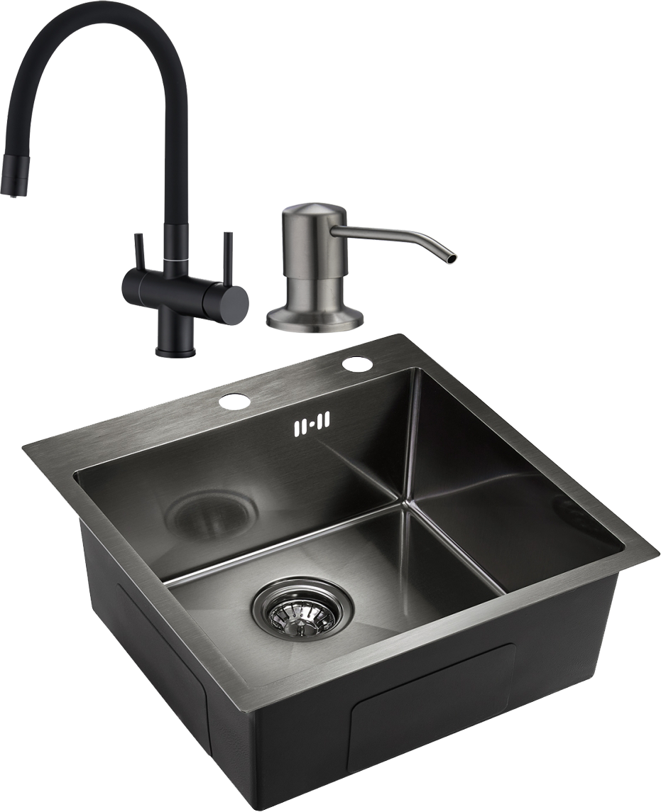 Комплект Мойка Domaci Равенна PVD DMB-117A черная + Смеситель DCB 3015 черный, с гибким изливом + Дозатор 401 черный