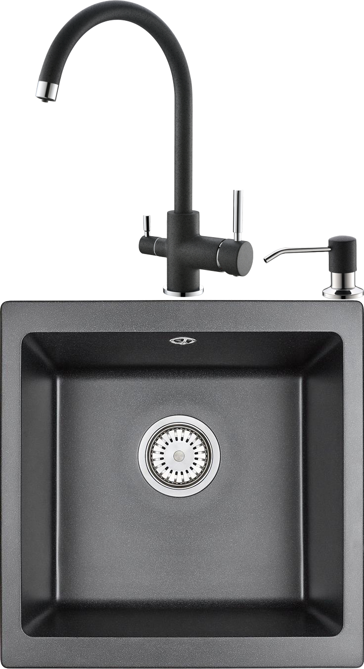 Комплект Мойка кухонная Domaci Солерно DMQ-1455.Р антрацит, черная, квадратная, кварцевая, матовая, накладная + Смеситель DC-3007 антрацит + Дозатор 401 антрацит