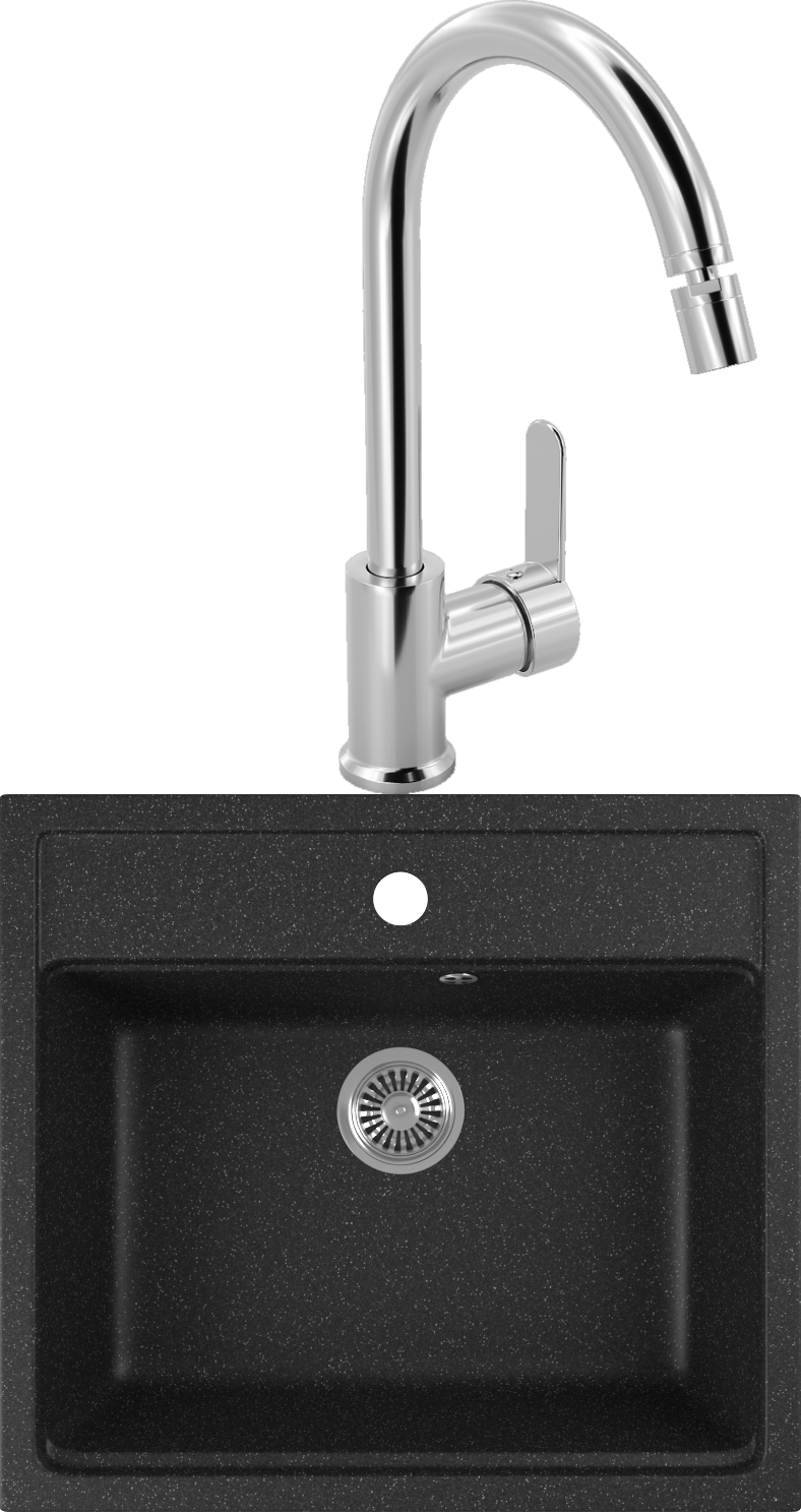 Комплект Мойка кухонная Domaci Бьелла DMC-06 черная, встраиваемая, накладная, искусственный мрамор, прямоугольная, российская + Смеситель для кухни MEGA City MG-ZRV102 хром