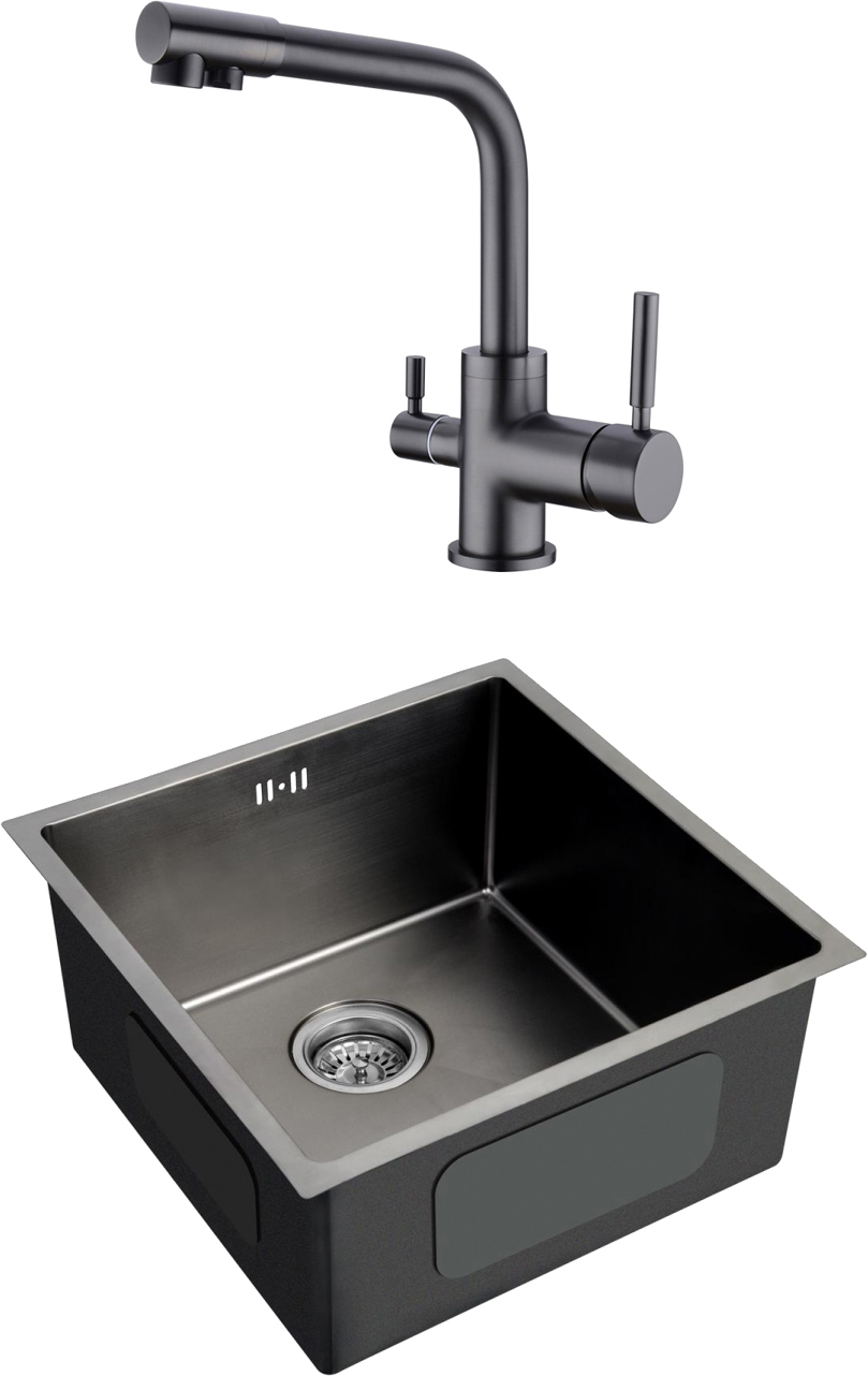 Комплект  Мойка кухонная Domaci Равенна PVD EMB-112 черная + Смеситель для кухни Domaci Равенна ECB 3003N черный