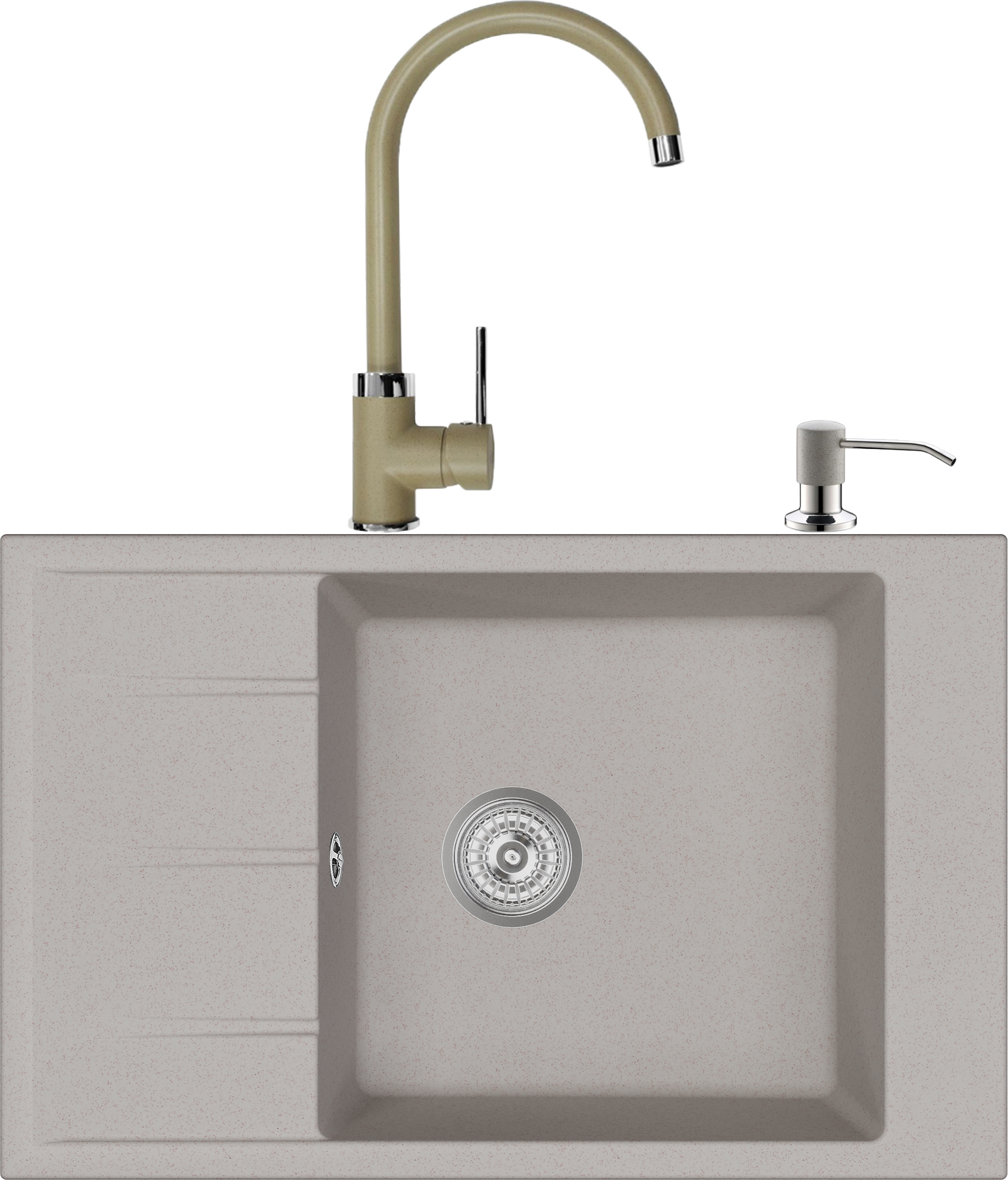 Комплект Мойка кухонная Domaci Солерно EMQ-1780.Q берилл, 78х50 см, бежевая, кварцевая, с крылом, прямоугольная + Смеситель для кухни Domaci Солерно EC-3004 сардоникс + Дозатор для кухонной мойки Domaci Солерно 401 сардоникс