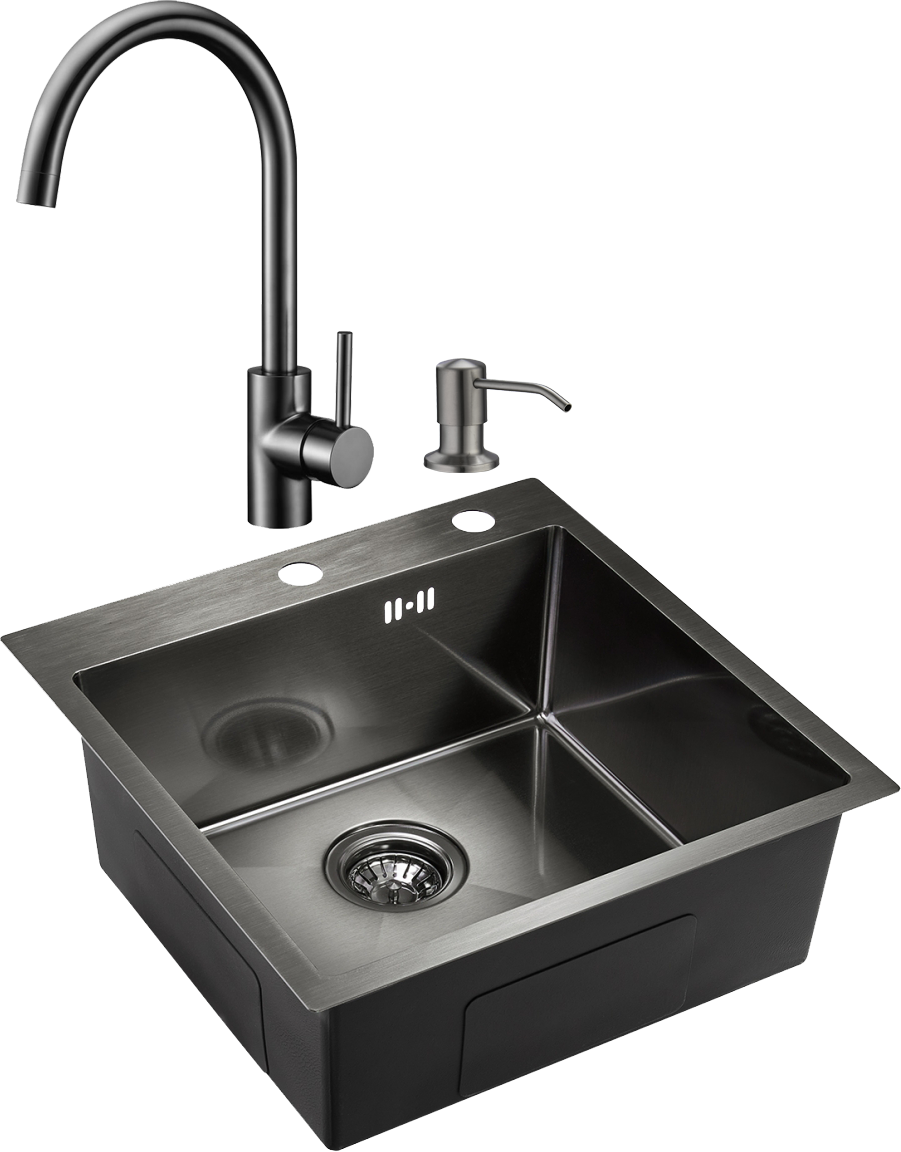 Комплект Мойка Domaci Равенна PVD DMB-117A черная, металлическая, квадратная, встраиваемая, российская + Смеситель DCB 3004 черный + Дозатор 401 черный