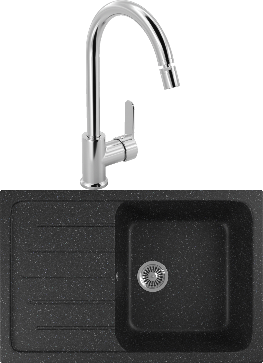 Комплект Мойка кухонная Domaci Бьелла DMC-76 черная + Смеситель для кухни MEGA City MG-ZRV102 хром