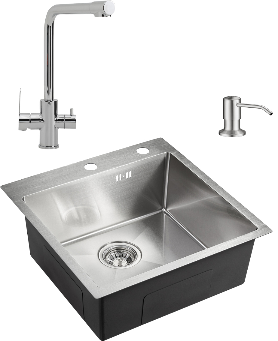 Комплект Мойка Domaci Равенна PVD DMB-117A брашированная сталь + Дозатор 401 сатин + Смеситель TR-01cr