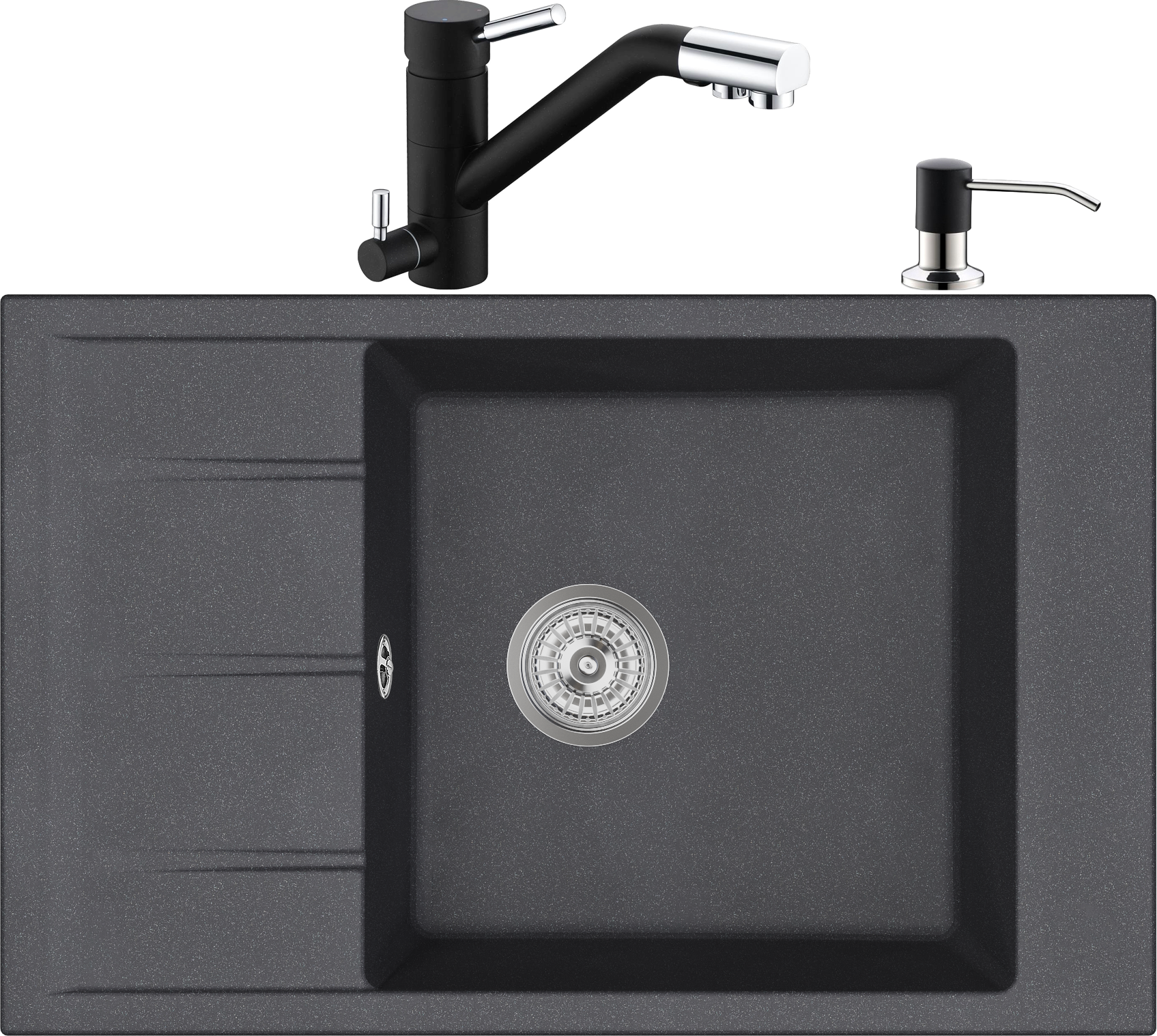 Комплект  Мойка кухонная Domaci Солерно DMQ-1780.Q морион, черная, 44х44 см, с крылом, кварцевая, встраиваемая, прямоугольная + Смеситель для кухни Do