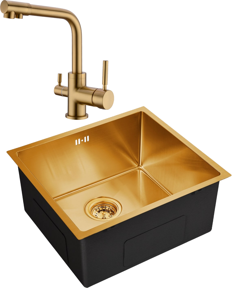 Комплект Мойка кухонная Domaci Равенна PVD DMB-114 золотая, 48х43 см, врезная, квадратная, нержавеющая сталь + Смеситель DCB 3003 золото