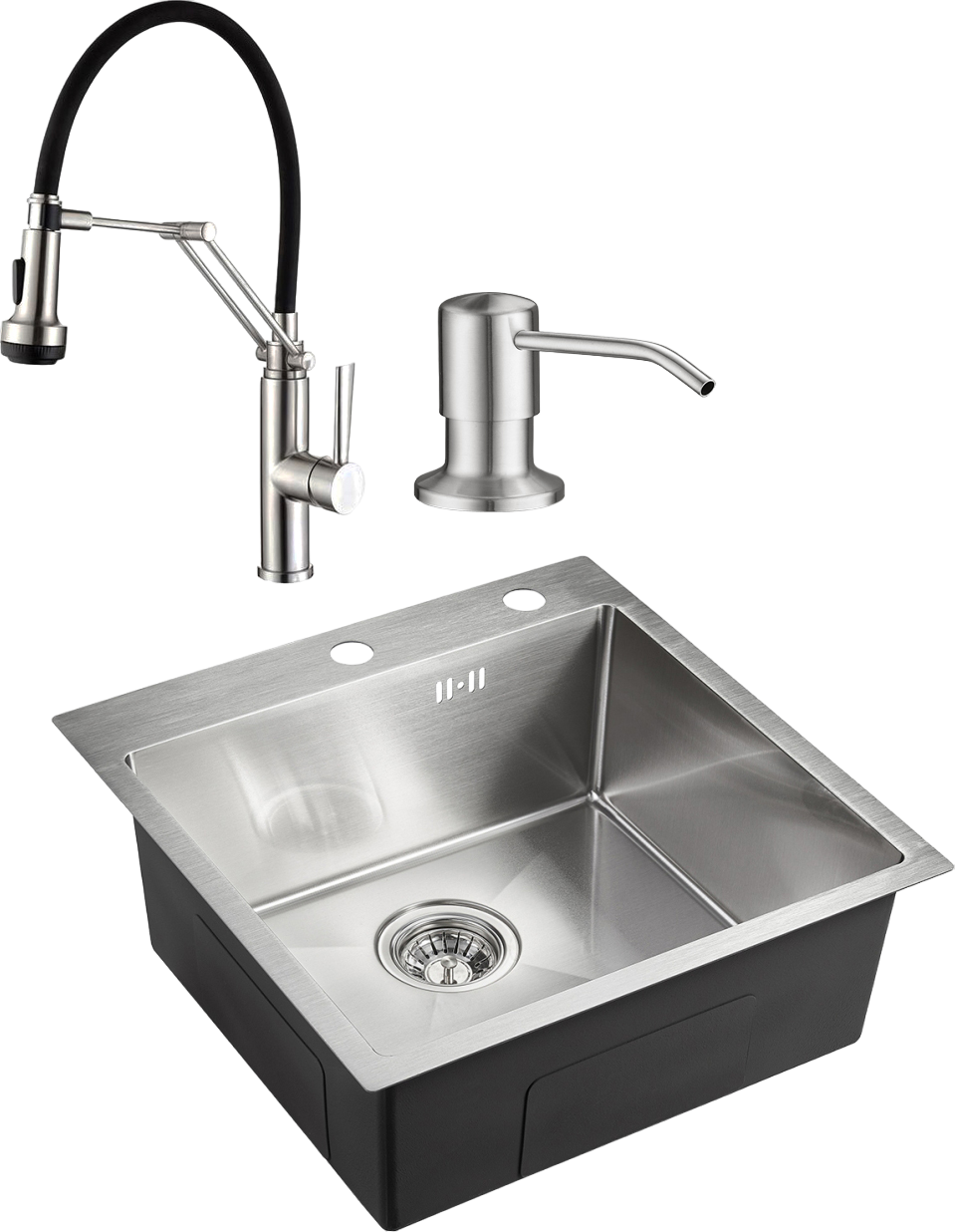 Комплект Мойка Domaci Равенна PVD DMB-117A брашированная сталь + Смеситель DCB 7012 сатин, с гибким изливом + Дозатор 401 сатин