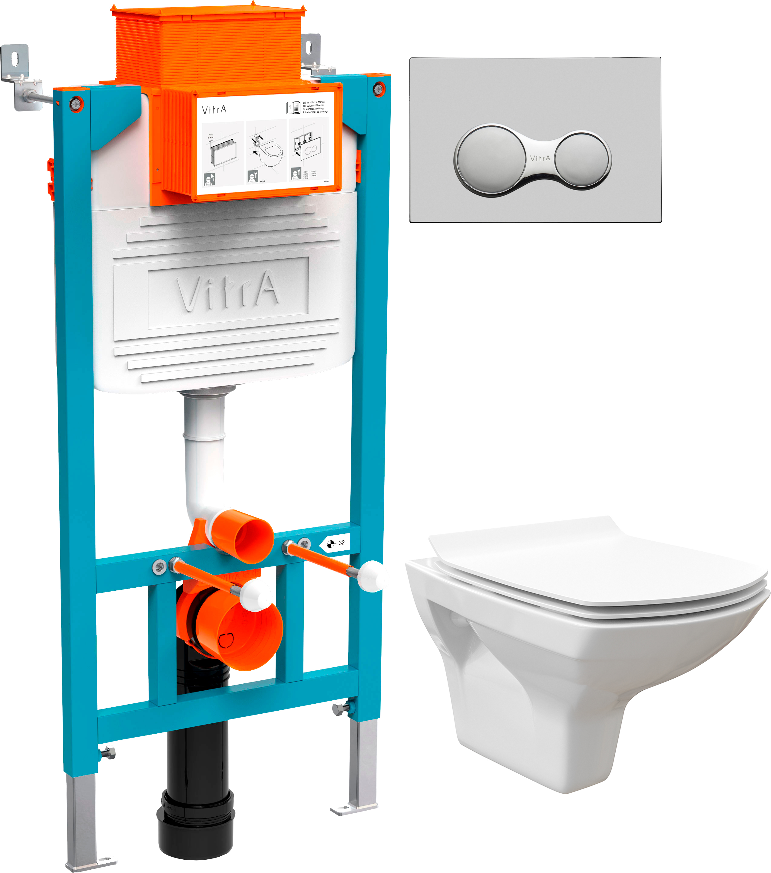 Комплект Унитаз подвесной STWORKI Стокгольм Clean On DPL EO slim 63428 безободковый + Инсталляция VitrA 800-2015 с кнопкой смыва, хром