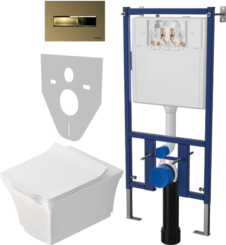Комплект Унитаз подвесной STWORKI Хадстен SETK3304-0616-001-1-6000 с микролифтом + Система инсталляции для унитазов DIWO 4501 + Кнопка смыва DIWO 7325 золотая