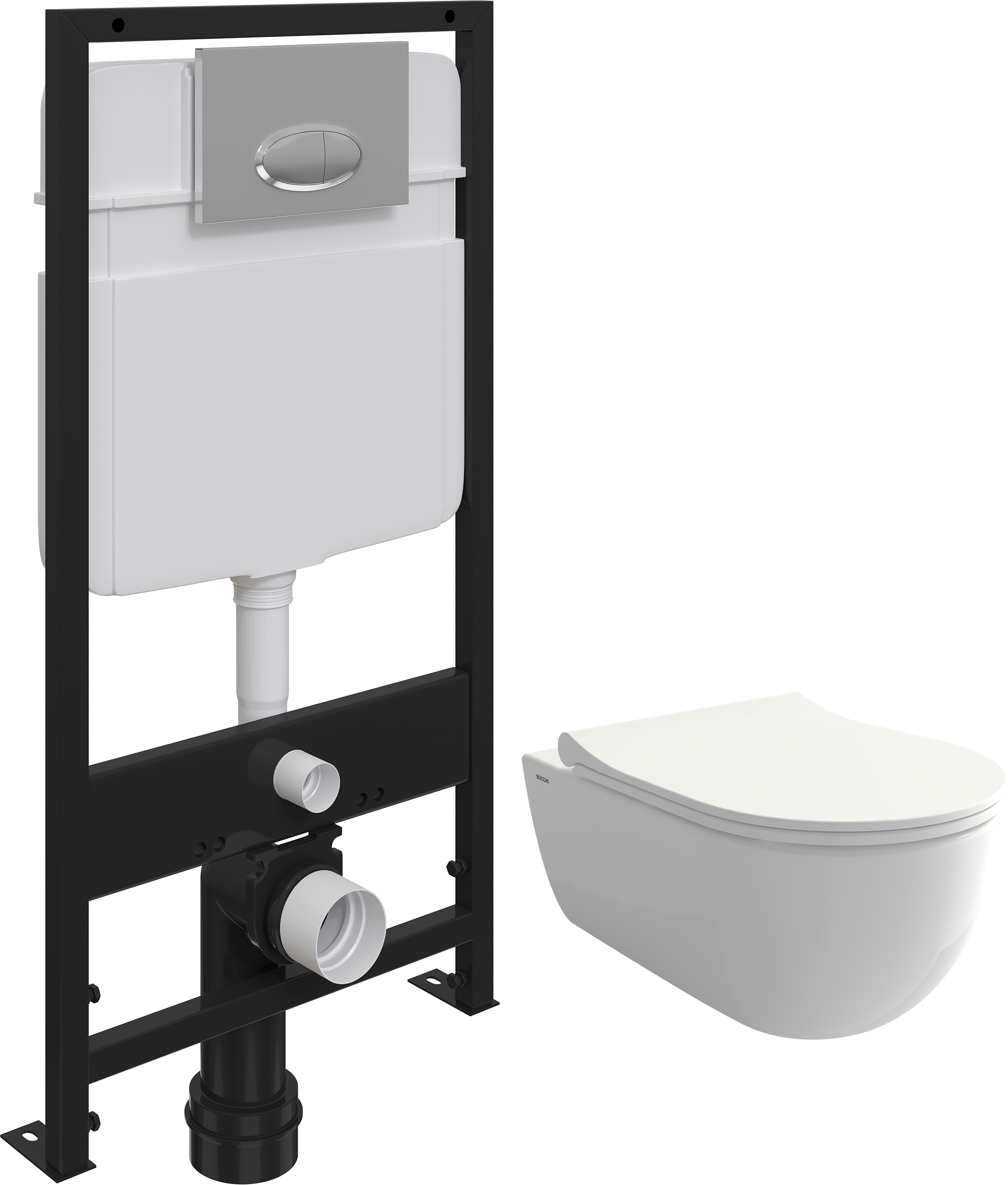 Комплект Унитаз подвесной BOCCHI V-Tondo 1416-001-0129 белый глянцевый, тонкая крышка с микролифтом + Система инсталляции для унитазов EWRIKA ProLT 0026-2020 с кнопкой смыва 0051 хром