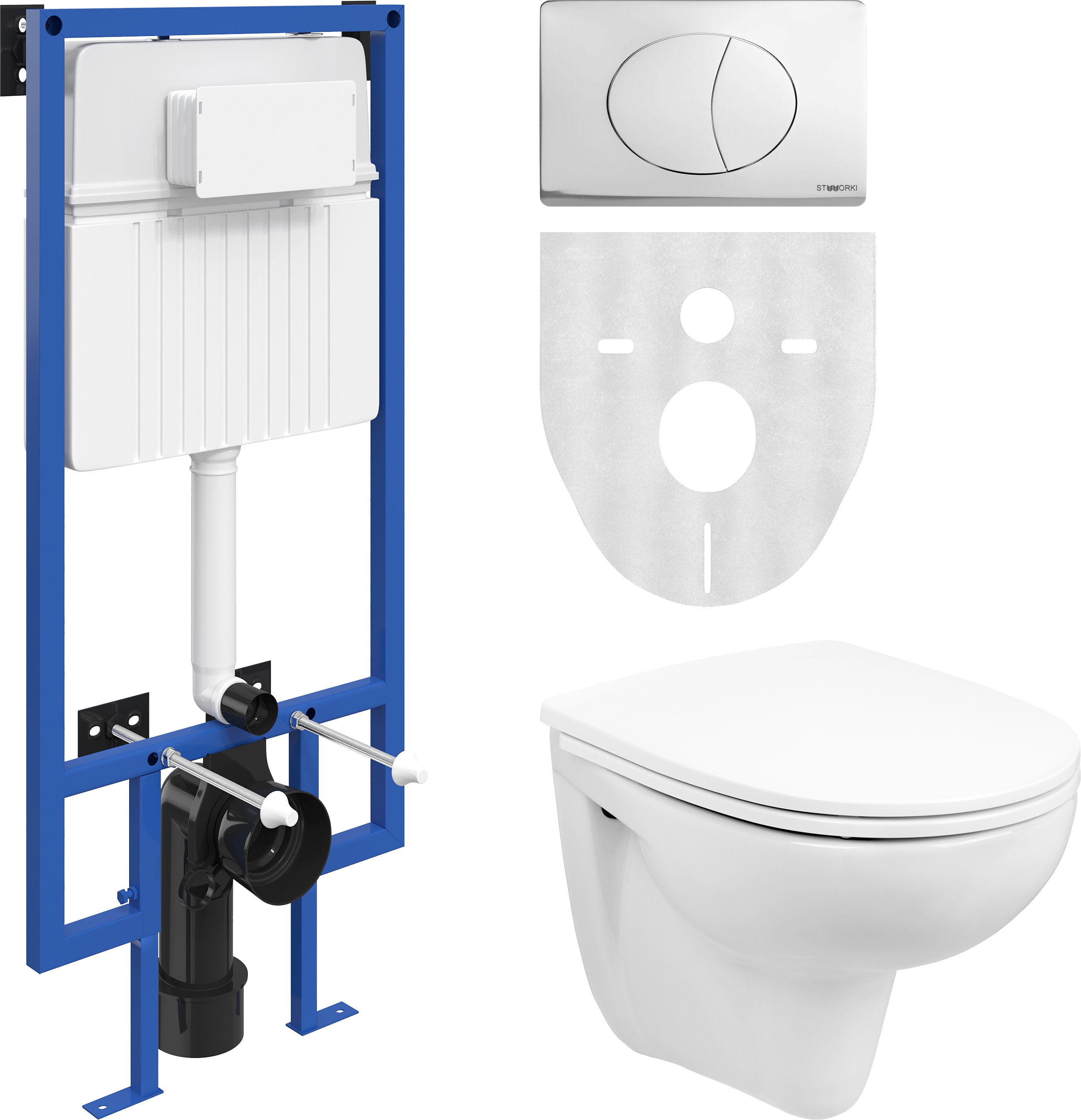 Комплект 3 в 1 Унитаз подвесной Wanfald Lauta 47302100005 + Инсталляция STWORKI 510162 + Кнопка 230822 цвет глянцевый хром