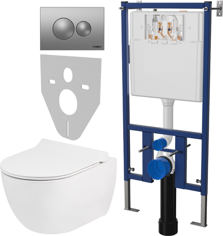 Комплект Унитаз подвесной Seramiksan Hill A031161H безободковый, с микролифтом + Система инсталляции для унитазов DIWO 4501 + Кнопка смыва DIWO 7311 хром матовый