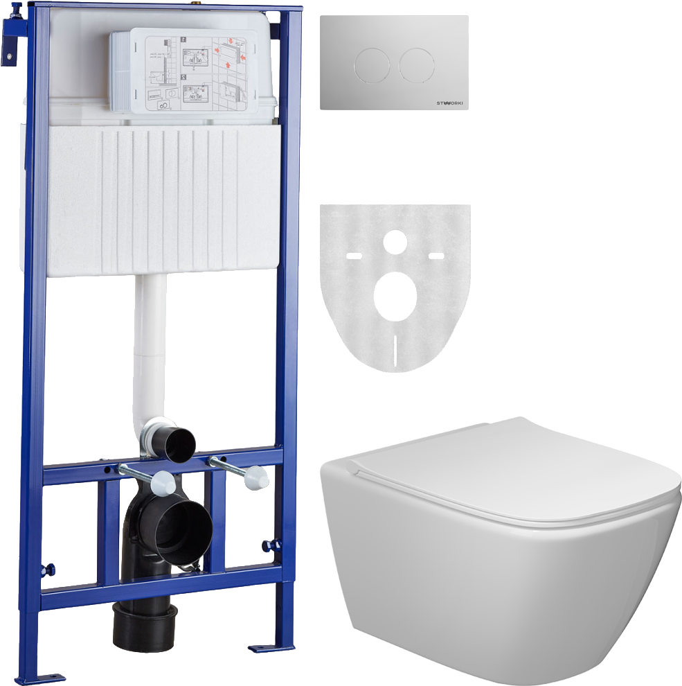 Комплект Унитаз подвесной STWORKI Карлстад 5610 безободковый, с микролифтом + Инсталляция + Кнопка Хельсинки 500472 хром глянцевая