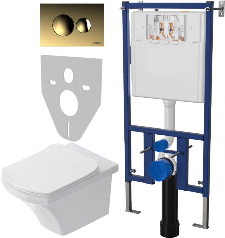Комплект Унитаз подвесной STWORKI Хальмстад SETK2804-0606-001-1-6000 с микролифтом + Система инсталляции для унитазов DIWO 4501 + Кнопка смыва DIWO 7315 золотая