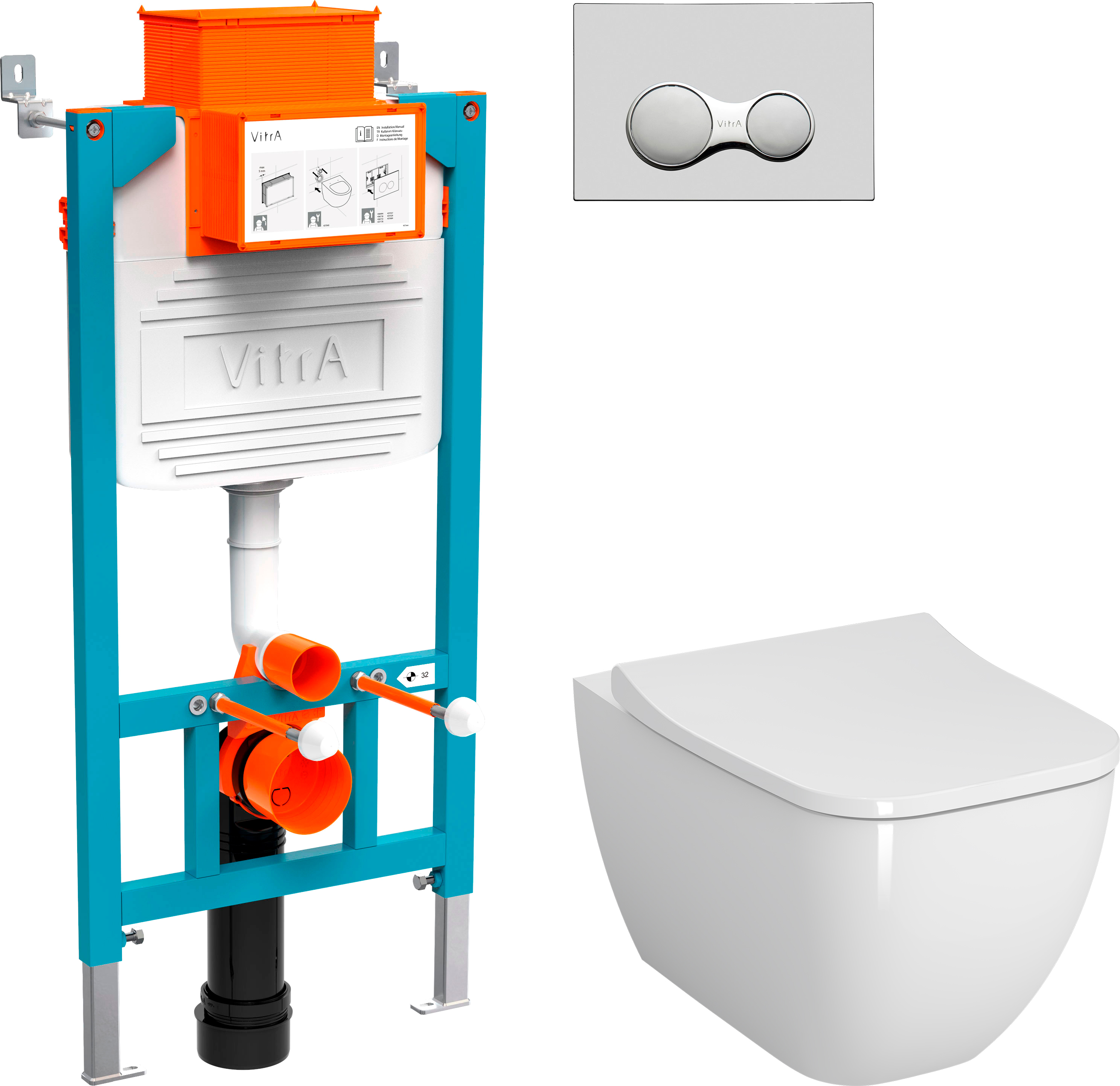Комплект  Унитаз подвесной VitrA Shift 7742B003-0075 с тонкой крышкой NKP Lento + Система инсталляции для унитазов VitrA 800-2015 с кнопкой смыва, хром