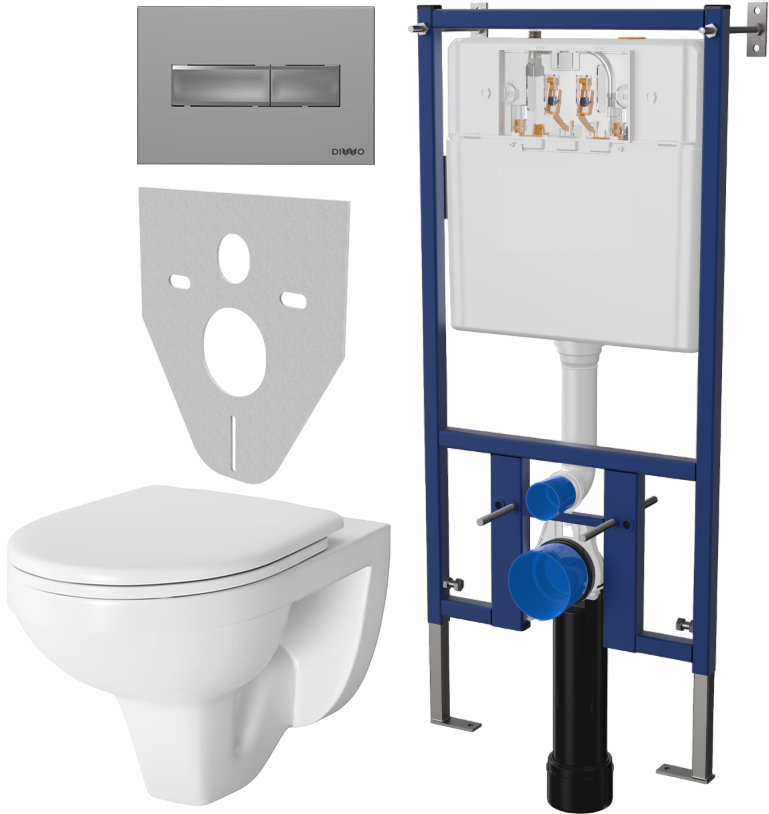 Комплект Унитаз подвесной Berges Wasserhaus Gamma 081105 с микролифтом + Система инсталляции для унитазов DIWO 4501 + Кнопка смыва DIWO 7321 хром матовый
